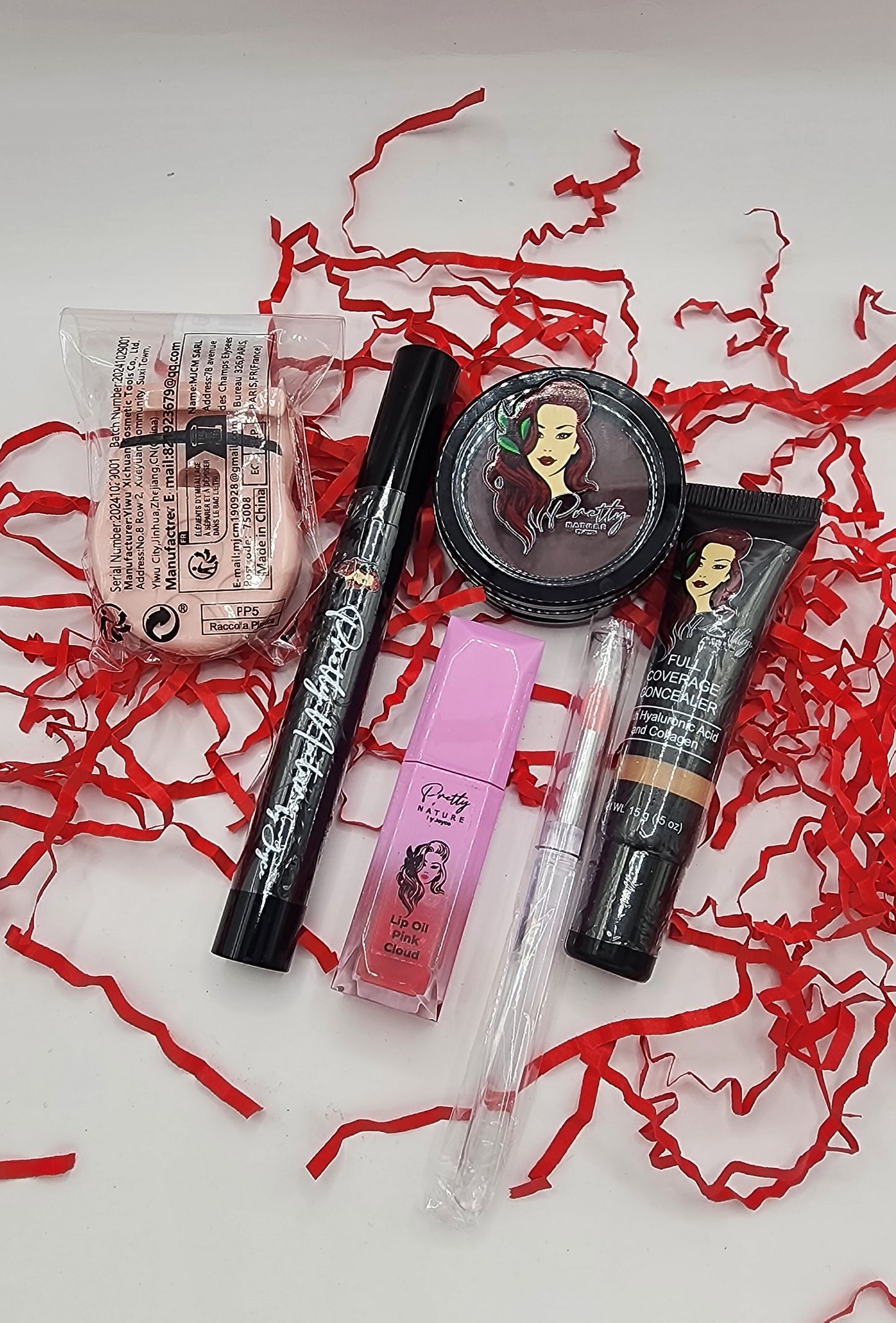PRETTY NATURE BY JOYCE Cosmetic Makeup Gift Set (Vegan Gift) with Concealer Corrector, Lip & Cheek Balm, Waterproof Mascara extras 1 Lips oil