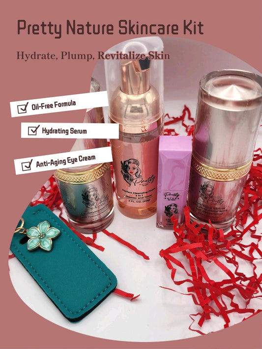 PRETTY NATURE BY JOYCE Hydrating Set with 1 Cleanser, 1Serum, & 1Eye Cream - 1 Lip Oil-Free, Paraben-Free, Hyaluronic Acid, Aloe Vera, Moisture Boosting, Anti-Aging, Radiant Skin Care Kit, Chamomile, Lightweight, Moisturizer, Glycerin