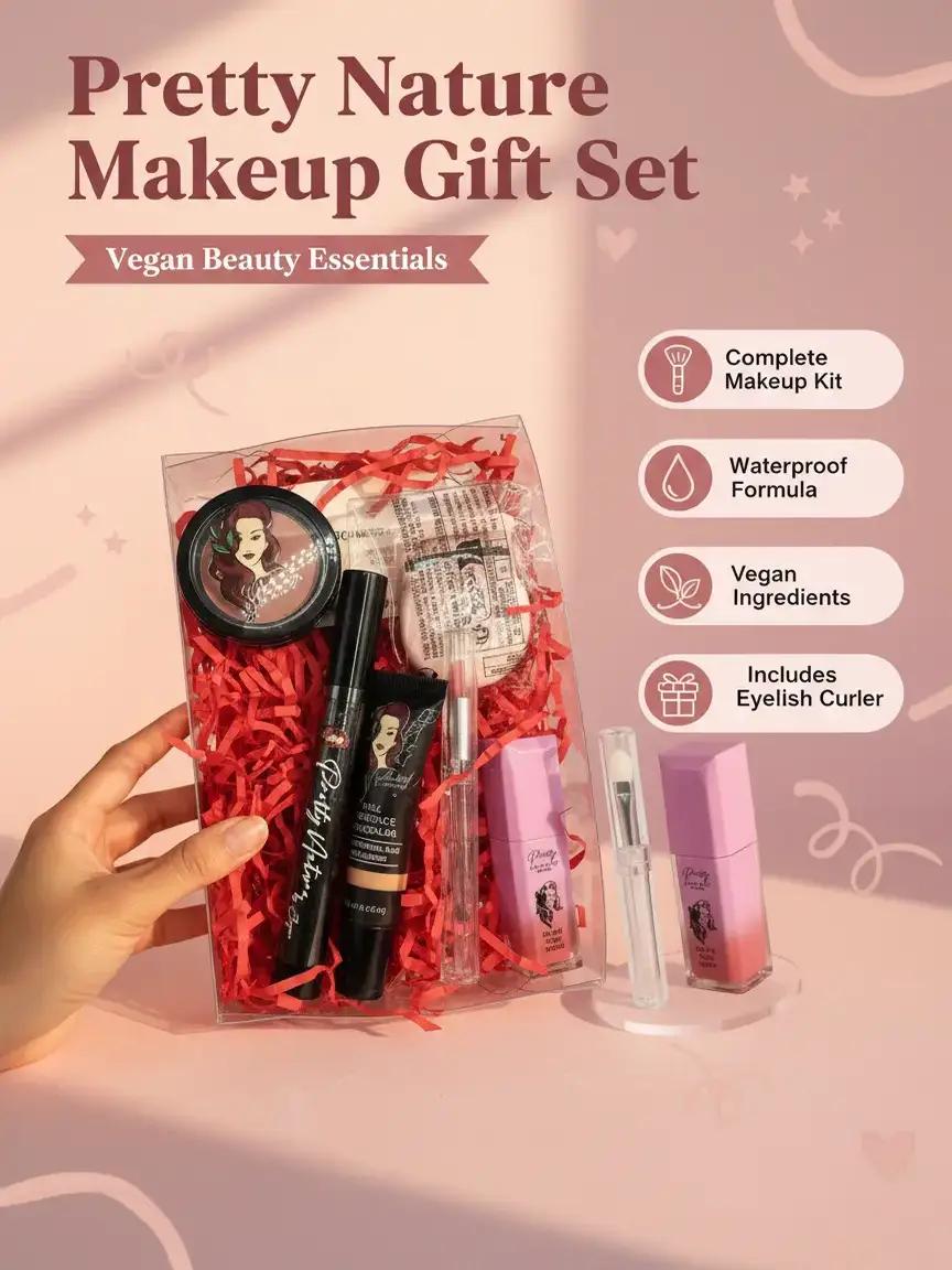 PRETTY NATURE BY JOYCE Cosmetic Makeup Gift Set (Vegan Gift) with Concealer Corrector, Lip & Cheek Balm, Waterproof Mascara extras 1 Lips oil