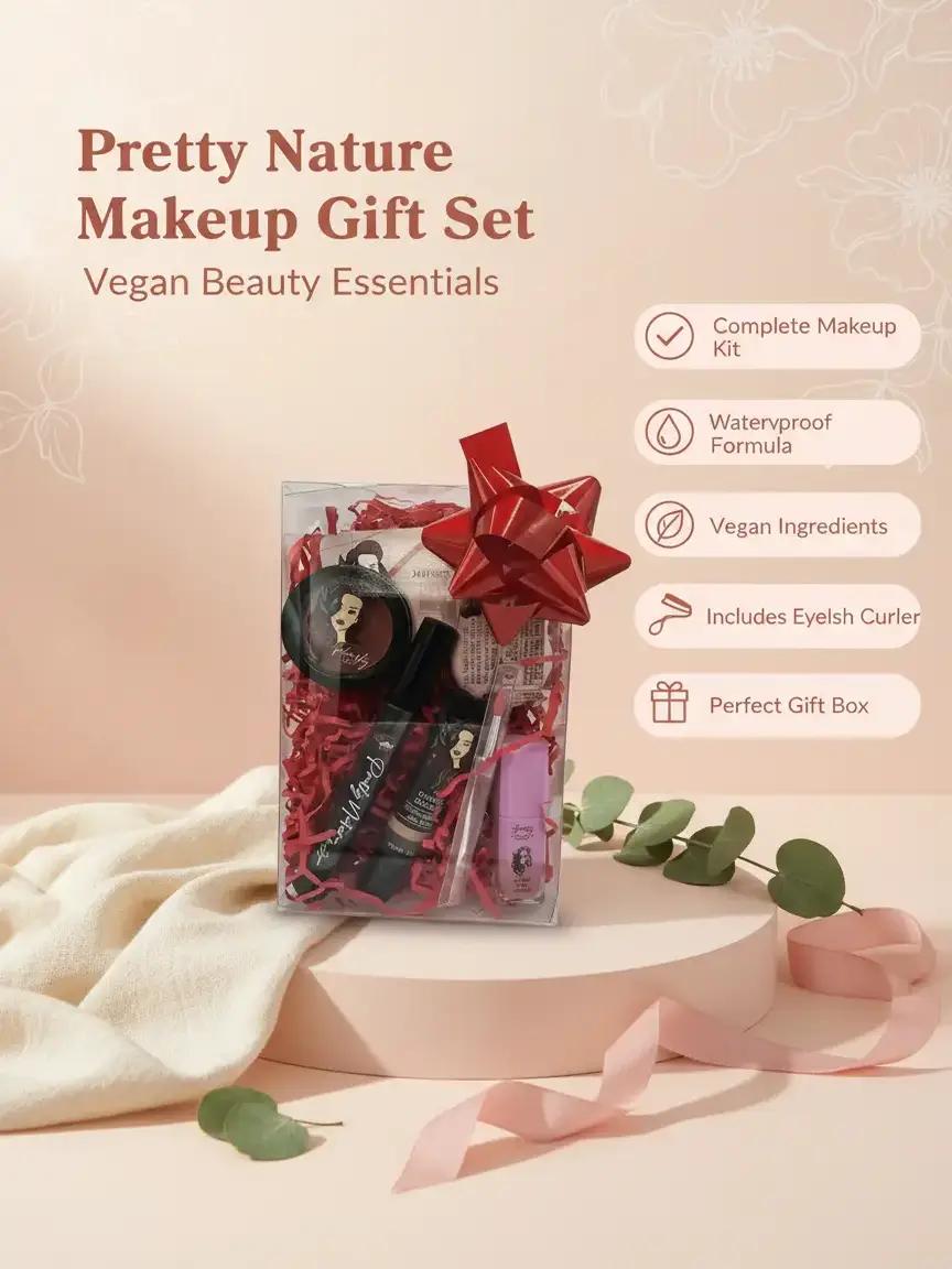 PRETTY NATURE BY JOYCE Cosmetic Makeup Gift Set (Vegan Gift) with Concealer Corrector, Lip & Cheek Balm, Waterproof Mascara extras 1 Lips oil